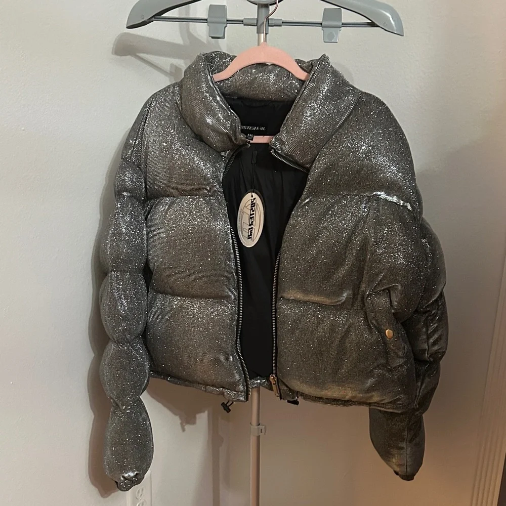 NWT POSTER GIRL Silver Glittery Puffer Jacket - Picture 1 of 4